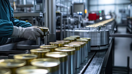A factory worker monitoring the production line as metal cans are labeled and sealed.の素材