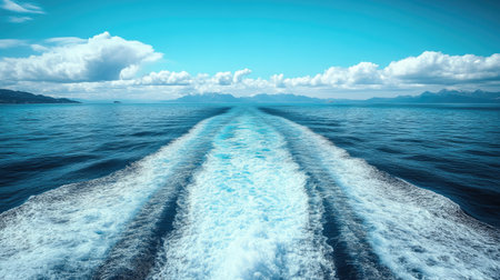 A dreamy view of the ocean wake behind a luxury cruise ship, with distant islands on the horizon.の素材