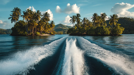 A dramatic view of a speedboat wake framed by lush tropical islands, with palm trees swaying in the background.の素材