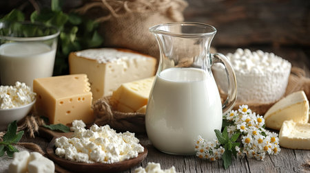 A farmhouse-style composition with a jug and glass of milk surrounded by fresh dairy products.の素材