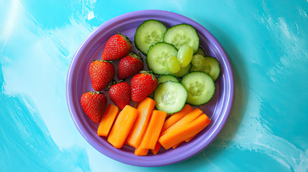 A kids' plastic plate filled with fresh fruit like grapes, strawberries, and slices of carrot and cucumber, arranged for a playful mealの素材