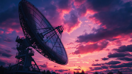 A high-tech satellite dish under a breathtaking sunrise, with pink and purple clouds painting the sky.の素材