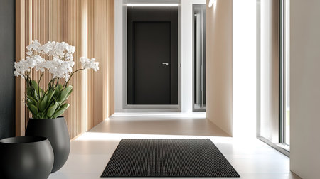 A contemporary hallway with a decorative doormat at the entrance, adding a touch of personality to the roomの素材