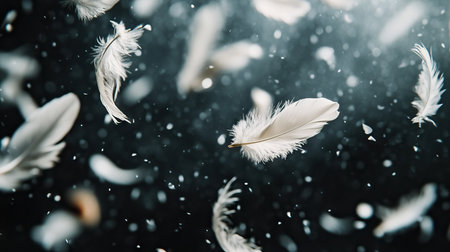 A flurry of delicate white feathers drifting in mid-air against a dark, moody backdrop.の素材