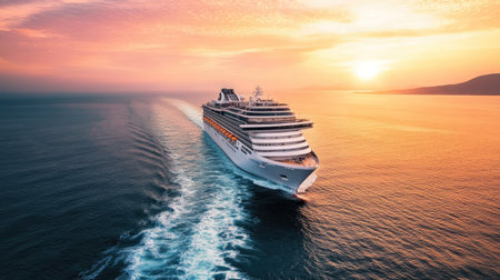 A cruise ship leaving behind a wide, frothy wake as it sails into the horizon under a pastel sky.の素材
