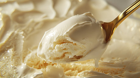 A creamy vanilla ice cream scoop being lifted, with soft melting edges and a golden spoon in the background.の素材