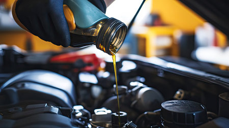 A man in a garage pouring engine oil from a plastic bottle into the engine, with a focus on the oil stream and engine partsの素材