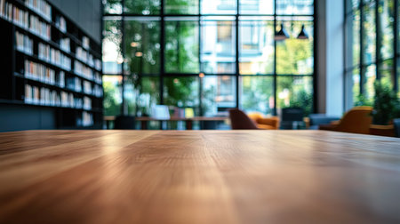 A long wooden table with a blurred view of a modern library, cozy seating areas, and study desks in the background.の素材