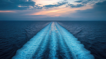 A cruise ship's wake fading into the horizon as the vessel disappears into the distance.の素材