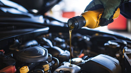 A focused mechanic pouring oil from a lubricant bottle into the engine, with oil dripping into the engine's compartmentの素材