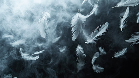 A flurry of delicate white feathers drifting in mid-air against a dark, moody backdrop.の素材