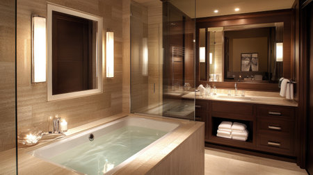 A luxurious bathroom with a large rectangular mirror above a stylish sink, accented by soft lighting for a spa-like feelの素材