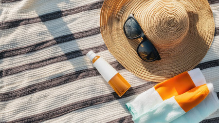 A flat lay of sun protection gear on a beach towel, including sunscreen, sunhat, and sunglasses, perfect for a sunny seaside dayの素材
