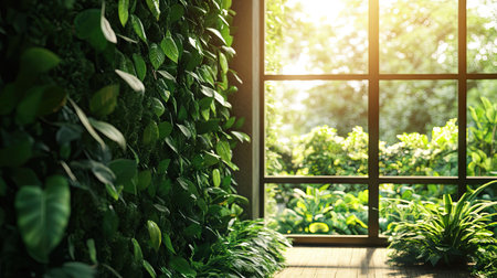 A lush green leaf wall in an indoor garden setting, surrounded by natural light streaming through large windowsの素材