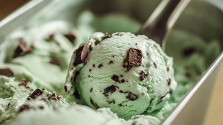 A macro shot of an ice cream scoop carving into a container of mint chocolate chip, highlighting the chocolate chunks.の素材