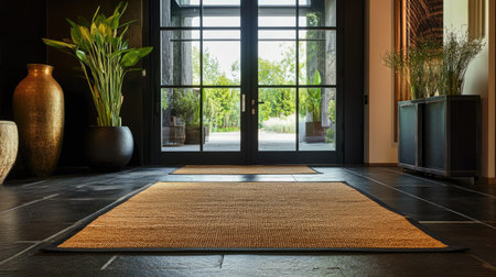 A large, decorative doormat inside a spacious entryway, showcasing the unique style of the homeの素材