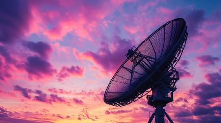 A high-tech satellite dish under a breathtaking sunrise, with pink and purple clouds painting the sky.の素材