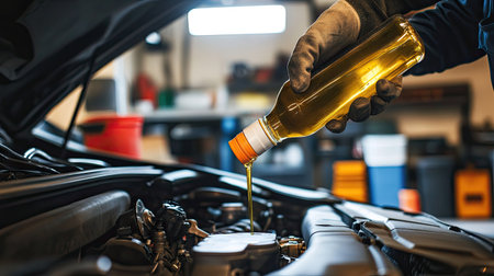 A man pouring engine oil from a bottle into a car engine, with a wrench and other tools visible in the garage sceneの素材