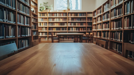 A minimalist wooden table in the foreground, with large bookshelves and comfortable reading chairs in a modern library.の素材