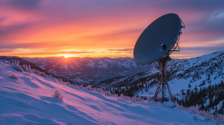 A satellite dish on a snowy mountain, catching the last rays of sunlight as the sky transitions to twilight.の素材