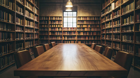 A minimalist wooden table in the foreground, with large bookshelves and comfortable reading chairs in a modern library.の素材