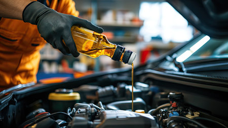 A mechanic in a garage pouring fresh engine oil from a bottle into the engine of a car, with the hood open and tools on the workbenchの素材