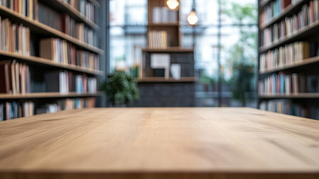 A minimalist wooden table with a blurred background of a modern library, featuring cozy reading nooks and bookshelves.の素材