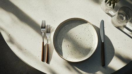 A modern dining table with a ceramic plate, fork, and knife laid out separately, complemented by soft natural lightingの素材