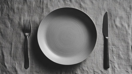 A minimalist table setting with a clean ceramic plate, a fork, and a knife arranged separately, on a textured linen backgroundの素材