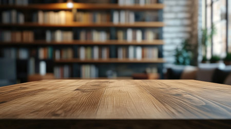 A minimalist wooden table with a blurred background of a modern library, featuring cozy reading nooks and bookshelves.の素材