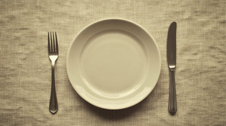 A minimalist table setting with a clean ceramic plate, a fork, and a knife arranged separately, on a textured linen backgroundの素材
