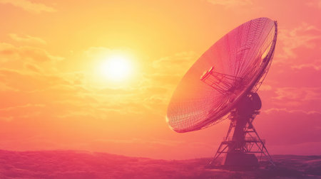A futuristic satellite dish pointing toward the sun at sunset, bathed in warm orange and pink hues.の素材