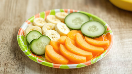 A plastic plate with a fun design, filled with slices of apple, banana, and cucumber, creating a colorful and appetizing meal for kidsの素材