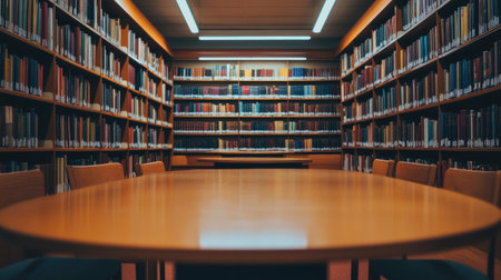 A minimalist wooden table in the foreground, with large bookshelves and comfortable reading chairs in a modern library.の素材