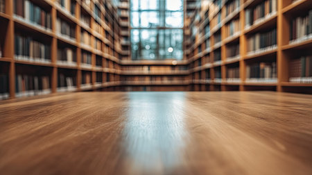 A polished wooden desk in the foreground, overlooking a well-lit, modern library with rows of bookshelves.の素材