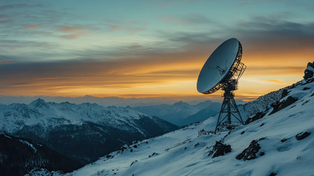 A satellite dish on a snowy mountain, catching the last rays of sunlight as the sky transitions to twilight.の素材