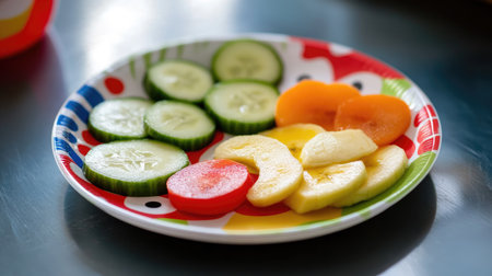 A plastic plate with a fun design, filled with slices of apple, banana, and cucumber, creating a colorful and appetizing meal for kidsの素材