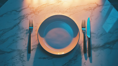 A neatly arranged ceramic plate with a fork and knife placed on either side, on a marble countertop with soft lightingの素材