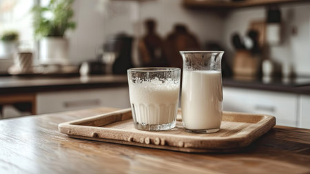 A refreshing scene of a milk jug and glass on a wooden tray with a cozy farmhouse kitchen in the background.の素材