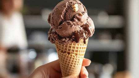 A rich and velvety scoop of dark chocolate and hazelnut ice cream being served onto a cone.の素材