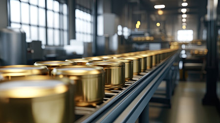 A modern food processing facility with a seamless conveyor system transporting metal cans.の素材