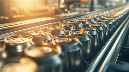 A production line of shiny metal cans moving through an automated conveyor system in a modern food factory.の素材