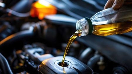 A person pouring engine oil from a clear plastic bottle into a car's engine, with an emphasis on the oil stream and the vehicle's engineの素材