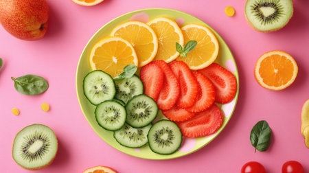 A playful plastic plate with a variety of sliced fruits and vegetables arranged in a fun pattern, perfect for kids' mealtimeの素材