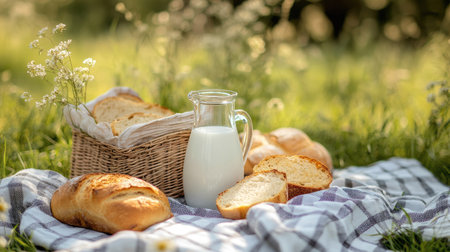 A picnic scene with a milk jug, a glass, and freshly baked bread on a checkered cloth.の素材
