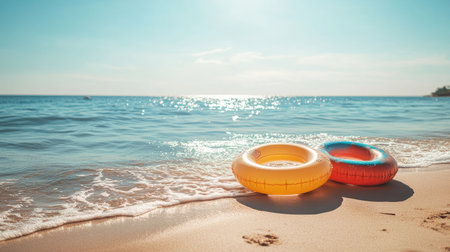 A pair of inflatable rings resting on the sand by the water's edge, with a calm, serene beach and a bright sunny dayの素材