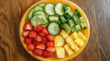 A plastic plate with a healthy selection of sliced fruits and vegetables, such as pineapple, cucumber, and strawberries, arranged for kidsの素材
