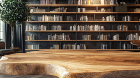 A rustic wooden table with visible wood grain, in front of a modern library featuring high-tech design and bookshelves.の素材