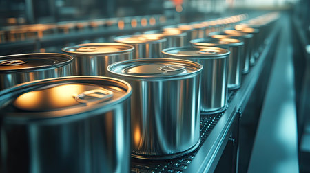 A production line of shiny metal cans moving through an automated conveyor system in a modern food factory.の素材
