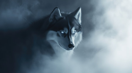 A Siberian Husky emerging from a dense fog, its piercing eyes and strong silhouette adding a sense of mystery.の素材